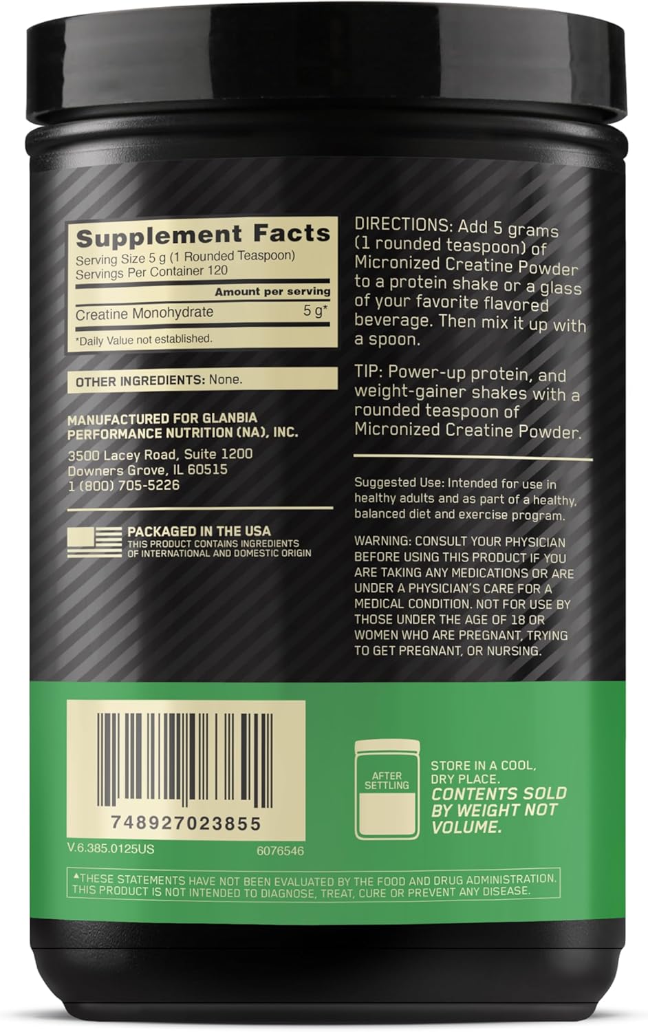 Tabela nutricional Creatine Powder Optimum Nutrition facts.