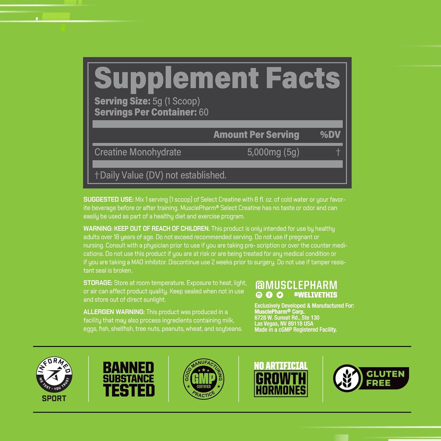 Rótulo com a tabela nutricional e informações da Creatina Monohidratada MusclePharm, mostrando 5g de creatina por dose e certificação Informed-Choice.