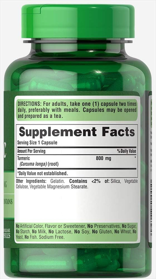 Frasco verde de suplemento alimentar de cúrcuma, com rótulo mostrando informações nutricionais em inglês.