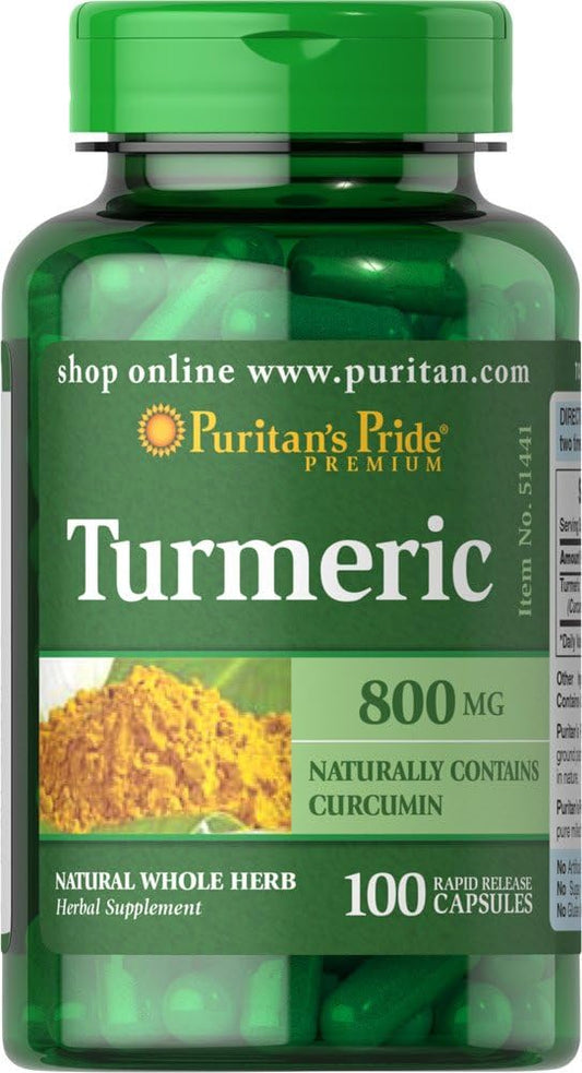 Frasco verde de suplemento Turmeric 800mg com cúrcuma, 100 cápsulas, rótulo em inglês.