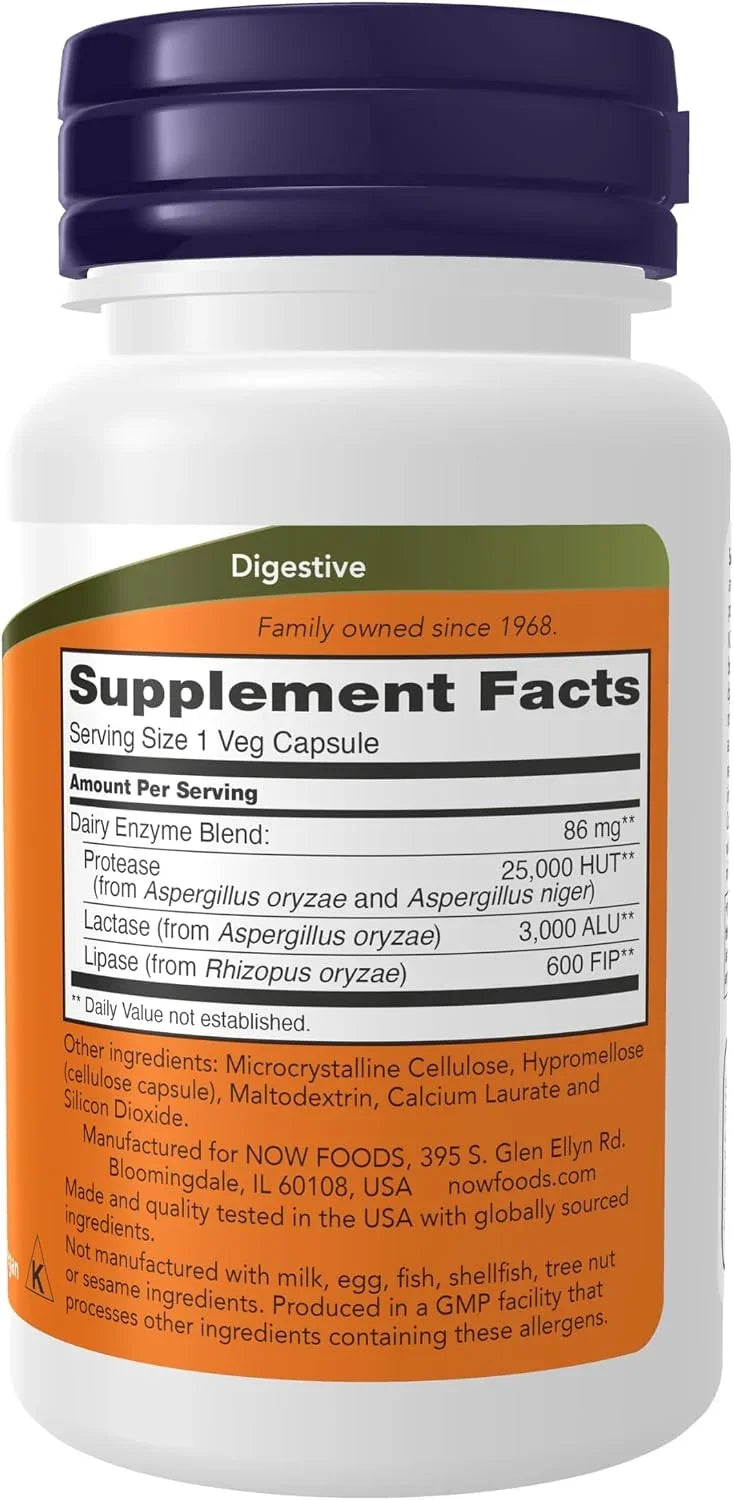 Tabela nutricional NOW Foods Dairy Digest Complete com lactase, protease e lipase.