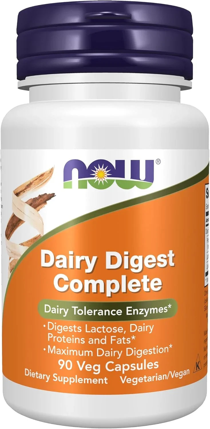 Frasco NOW Foods Dairy Digest Complete com 90 cápsulas vegetais.