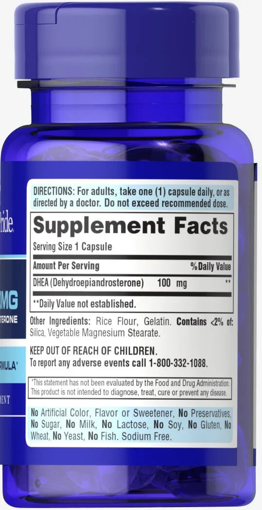 Detalhe do rótulo Puritan’s Pride DHEA 100 mg com informações de ausência de glúten, lactose e soja.