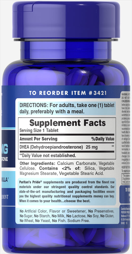 Frasco de suplemento DHEA 25mg Puritan's Pride 100 comprimidos.