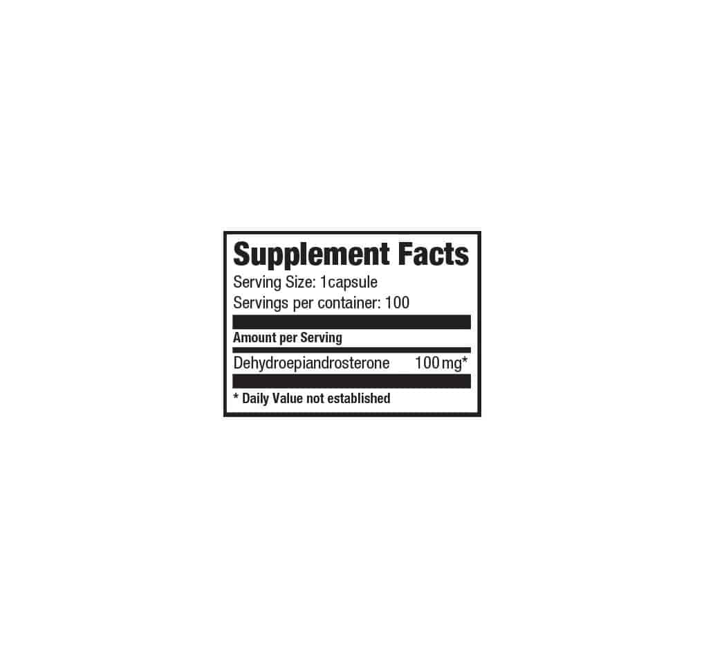Tabela nutricional e informações de uso do DHEA 100mg da Ultimate Nutrition.