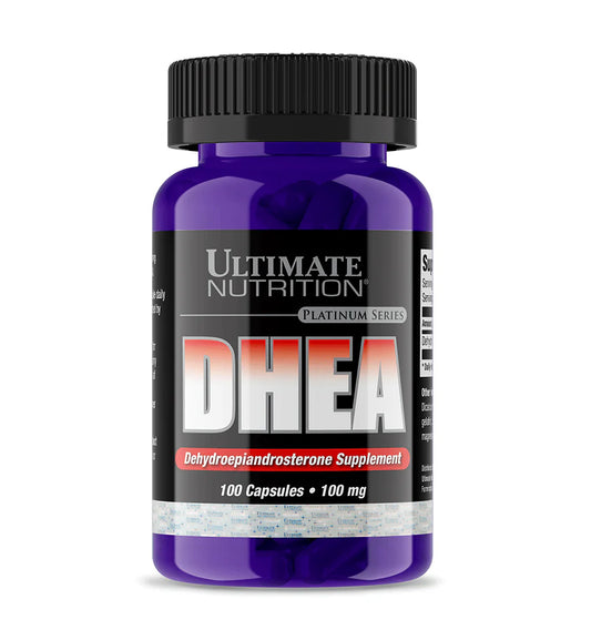 Frasco do suplemento DHEA 100mg da Ultimate Nutrition com 100 cápsulas em fundo branco.