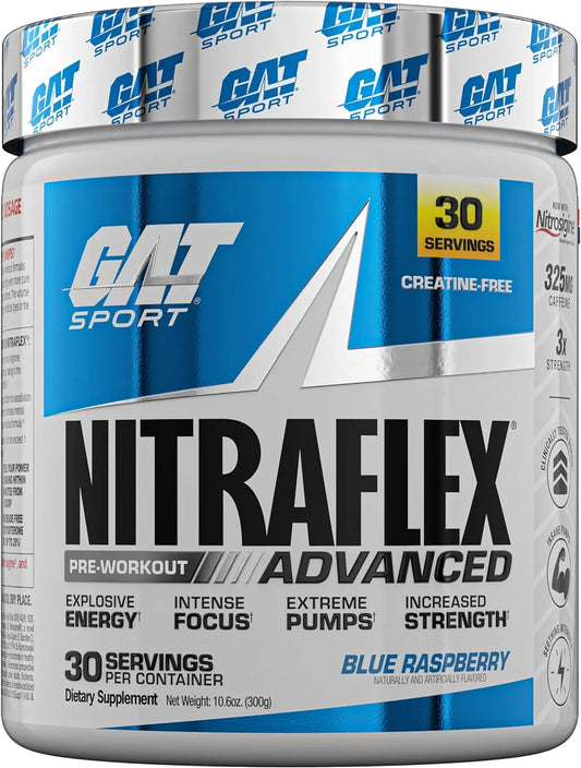Pote do suplemento pré-treino GAT Nitraflex Advanced 300 gramas em fundo branco, destacando o rótulo frontal com a menção ao Nitrosigine.