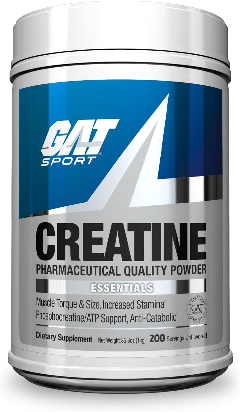 Pote frontal de GAT Creatina Monohidratada Pura com rendimento de 200 doses. Produto suplementar 100% original fabricado nos Estados Unidos e vendido pela Nutrivita.