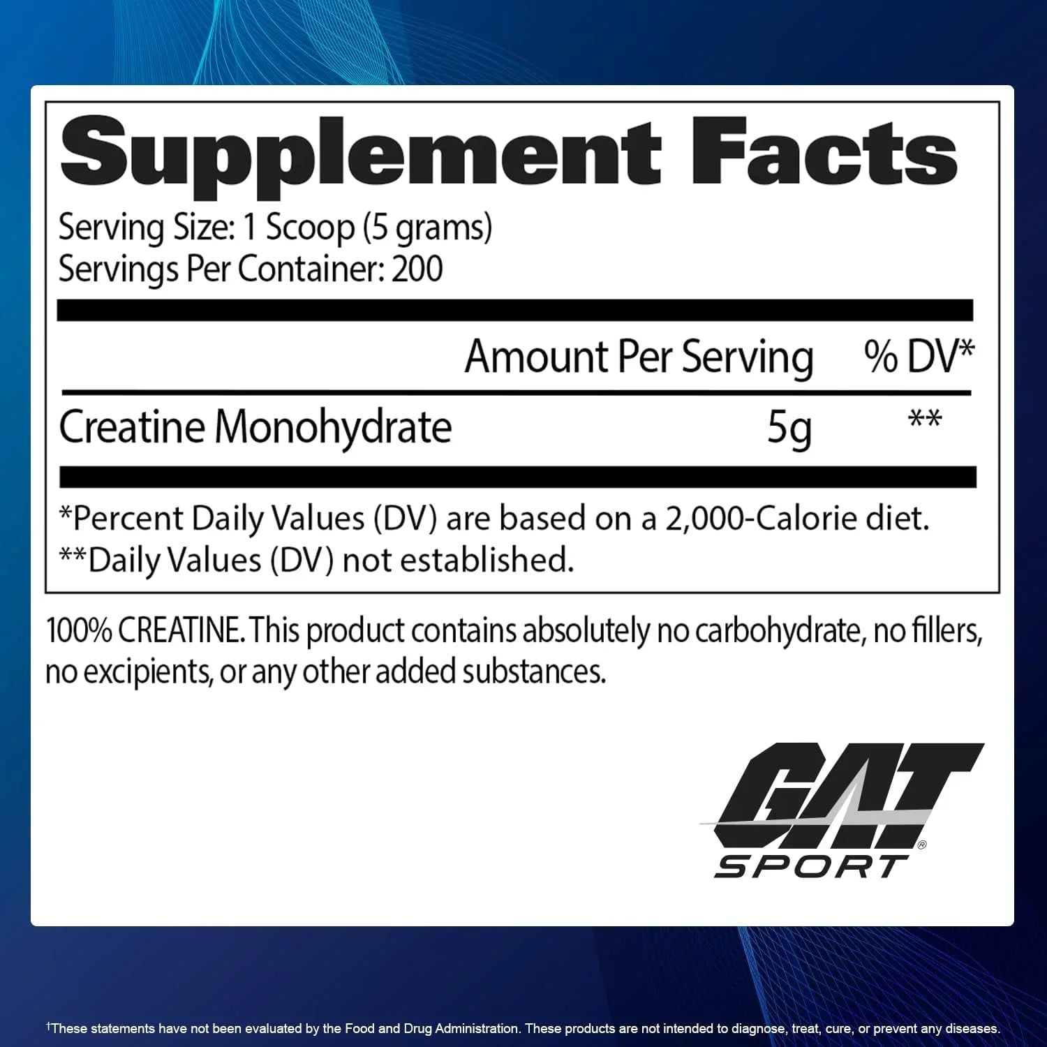 Composicao Nutricional GAT Creatina Monohidratada Pura com rendimento de 200 doses. Produto suplementar 100% original fabricado nos Estados Unidos e vendido pela Nutrivita.