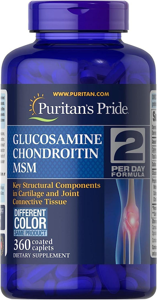Frasco do suplemento Puritan's Pride Joint Soother Força Tripla com 360 cápsulas.