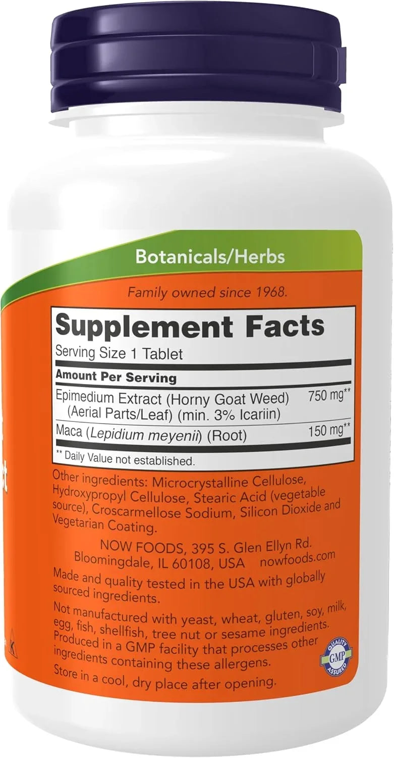 Tabela nutricional do NOW Foods Horny Goat Weed 750 mg com raiz de maca.