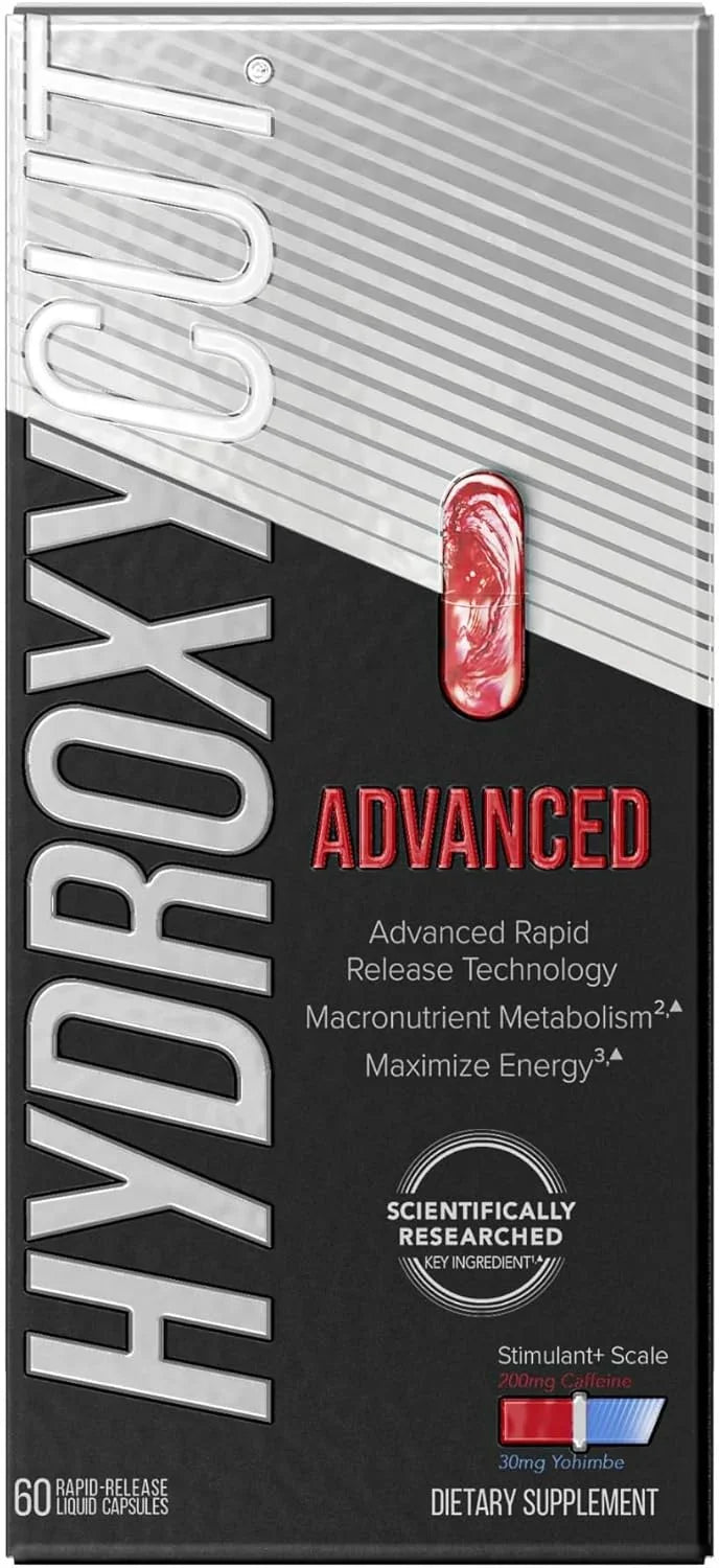 Suplemento termogênico Hydroxycut Advanced com 60 cápsulas líquidas de liberação rápida, foco e energia extrema, vendido pela Nutrivita.
