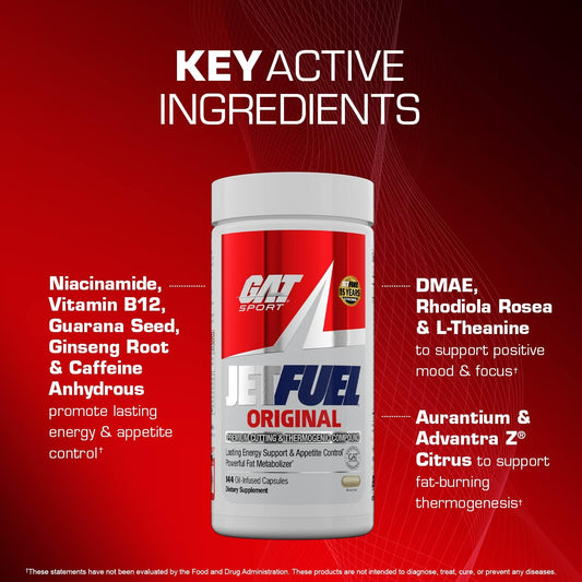 GAT SPORT JetFuel Original, um suplemento termogênico queimador de gordura com 144 cápsulas líquidas.