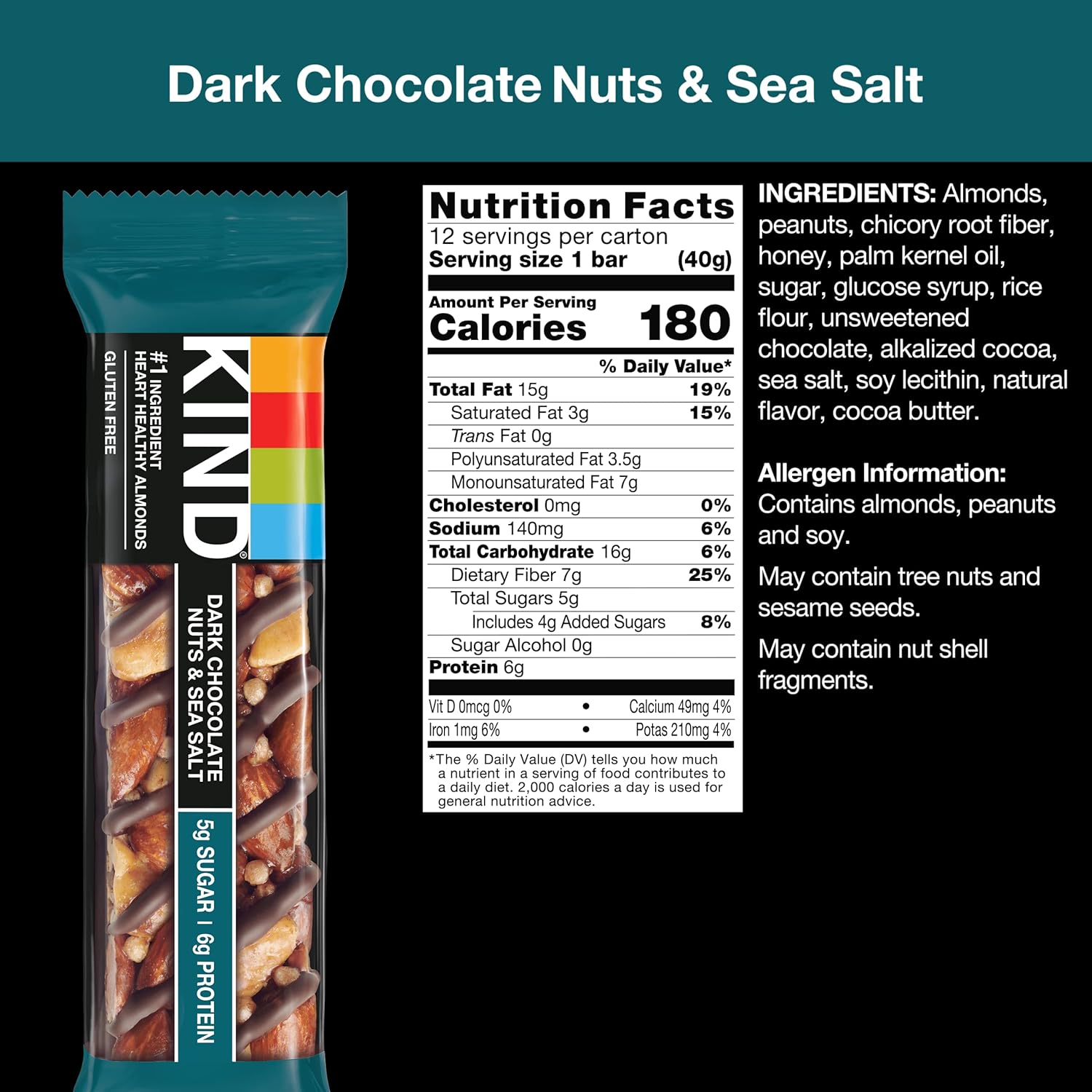 KIND Bars, Dark Chocolate Nuts & Sea Salt 12 Barras de Proteina - NutriVita