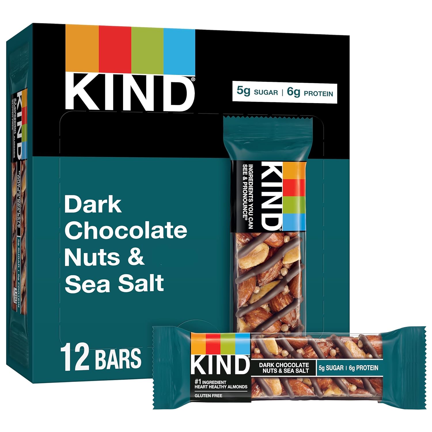 Barras KIND, nozes de chocolate amargo e sal marinho, lanches saudáveis, sem glúten, baixo teor de açúcar, 6g de proteína, 12 Barras.