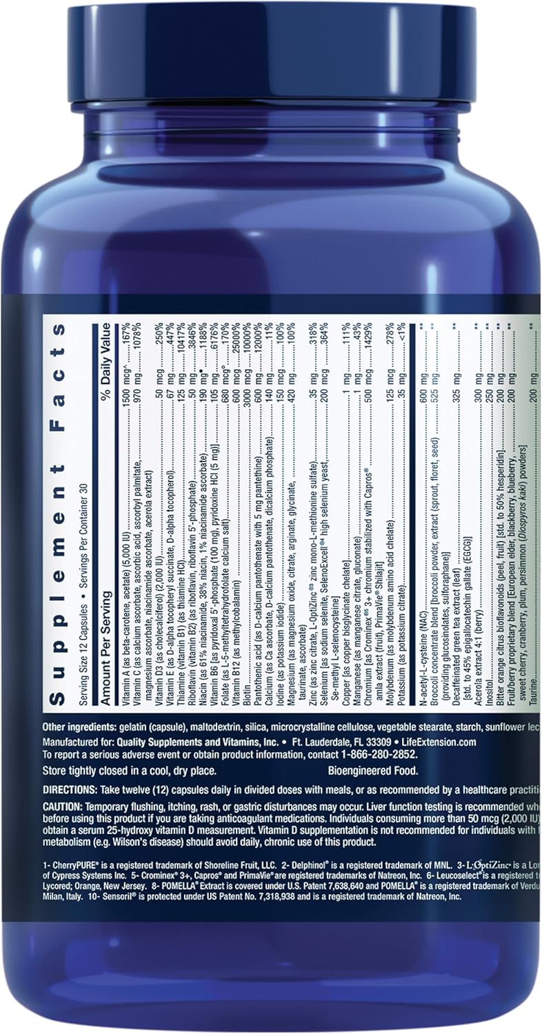 Tabela nutricional detalhada do Life Extension Mix Capsules com vitaminas, minerais e compostos antioxidantes