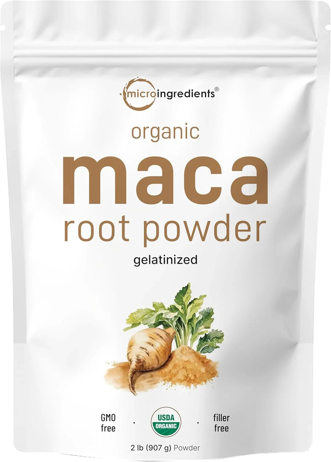 Micro Ingredients Maca em Pó Orgânico Gelatinizada 907 g frente da embalagem.
