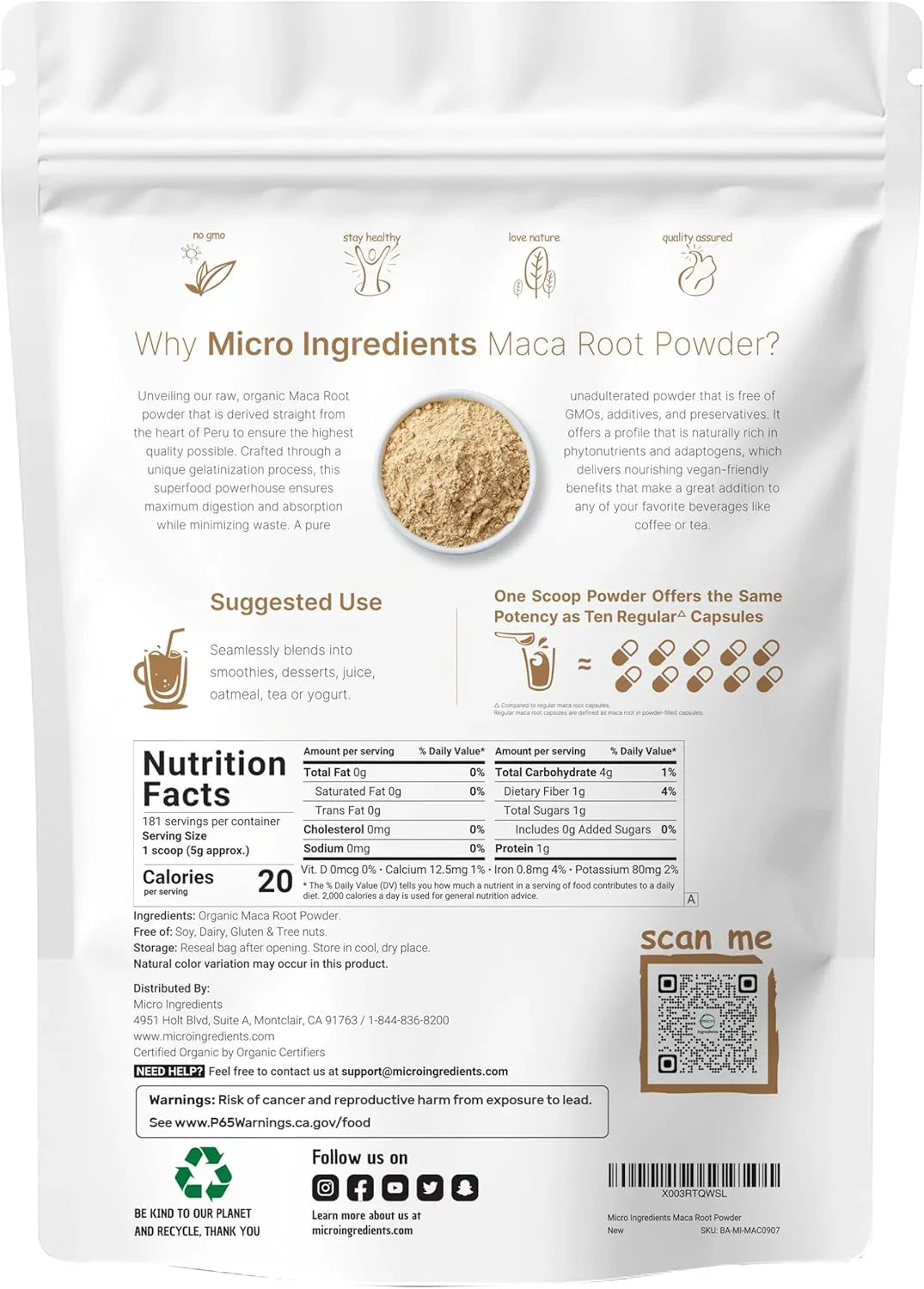 Selos USDA Organic GMO Free e Filler Free da maca Micro Ingredients.