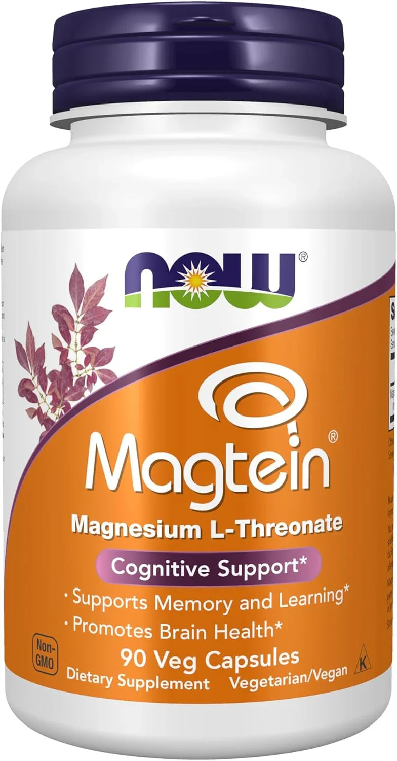 Frasco de 90 cápsulas vegetais do suplemento Magtein Magnésio L-Treonato da marca NOW Foods. Produto original dos Estados Unidos para saúde cerebral e suporte cognitivo.
