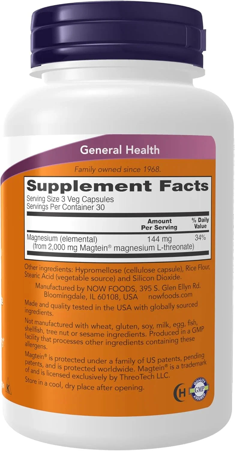 Frasco de 90 cápsulas vegetais do suplemento Magtein Magnésio L-Treonato da marca NOW Foods. Produto original dos Estados Unidos para saúde cerebral e suporte cognitivo.