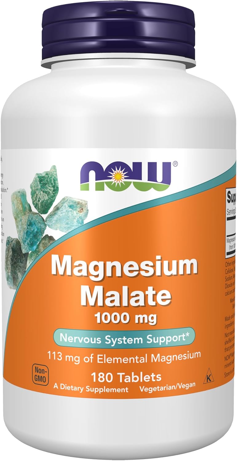 Frasco de Now Foods Malato de Magnésio 1000 mg com 180 comprimidos – suplemento original importado dos EUA