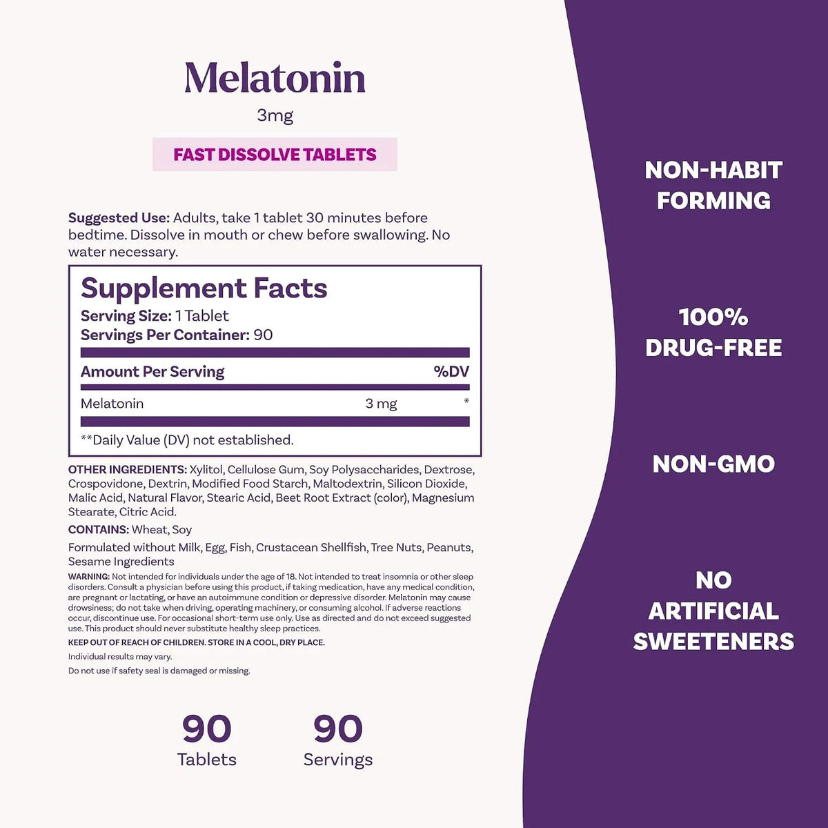 Informação nutricional Natrol Melatonina 3mg Fast Dissolve com 90 porções.
