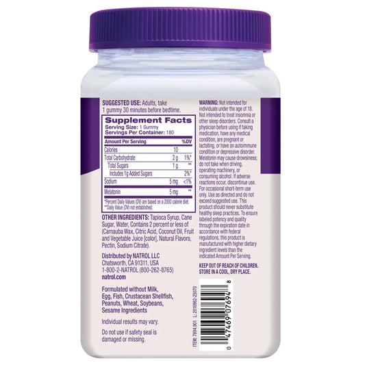 Frasco com 180 gomas mastigáveis de Melatonina Natrol 5mg sabor morango, suplemento para adormecer rápido e melhorar o sono.