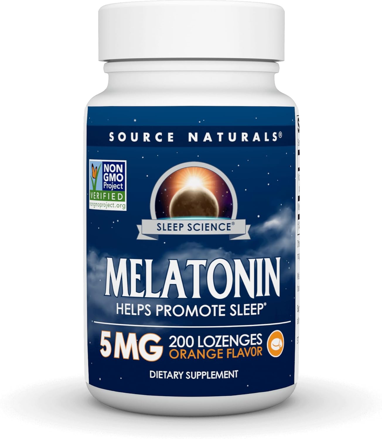 Frasco do suplemento Source Naturals Melatonina Sublingual 5mg sabor laranja, com 200 comprimidos para regulação do sono.