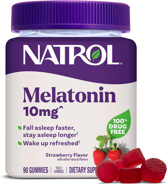 Frasco do suplemento Natrol Melatonina 10mg com 90 gomas mastigáveis sabor morango para um sono reparador.