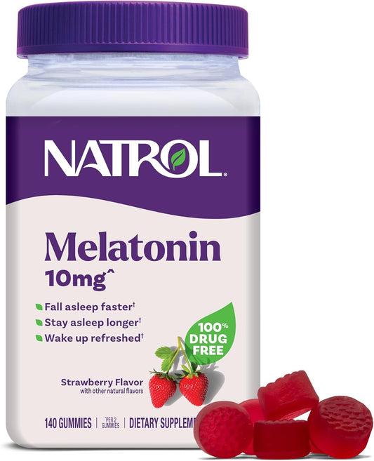 Pote de melatonina 10mg em gomas sabor morango com gomas vermelhas ao lado, suplemento para sono.
