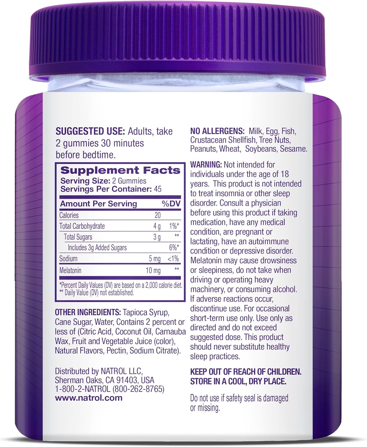 Frasco do suplemento Natrol Melatonina 10mg com 90 gomas mastigáveis sabor morango para um sono reparador.