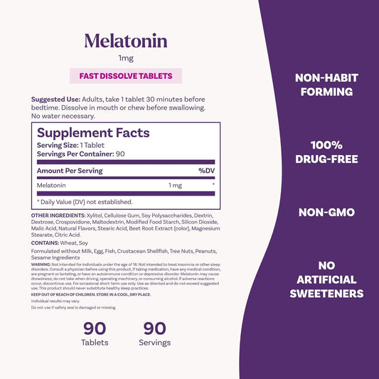 Comprimidos redondos de Natrol Melatonina 1mg de dissolução rápida com sabor a morango.