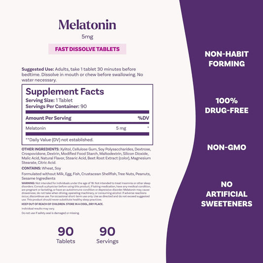 Rótulo de suplemento Melatonina 5mg, 90 comprimidos, ingredientes e informações nutricionais em destaque.