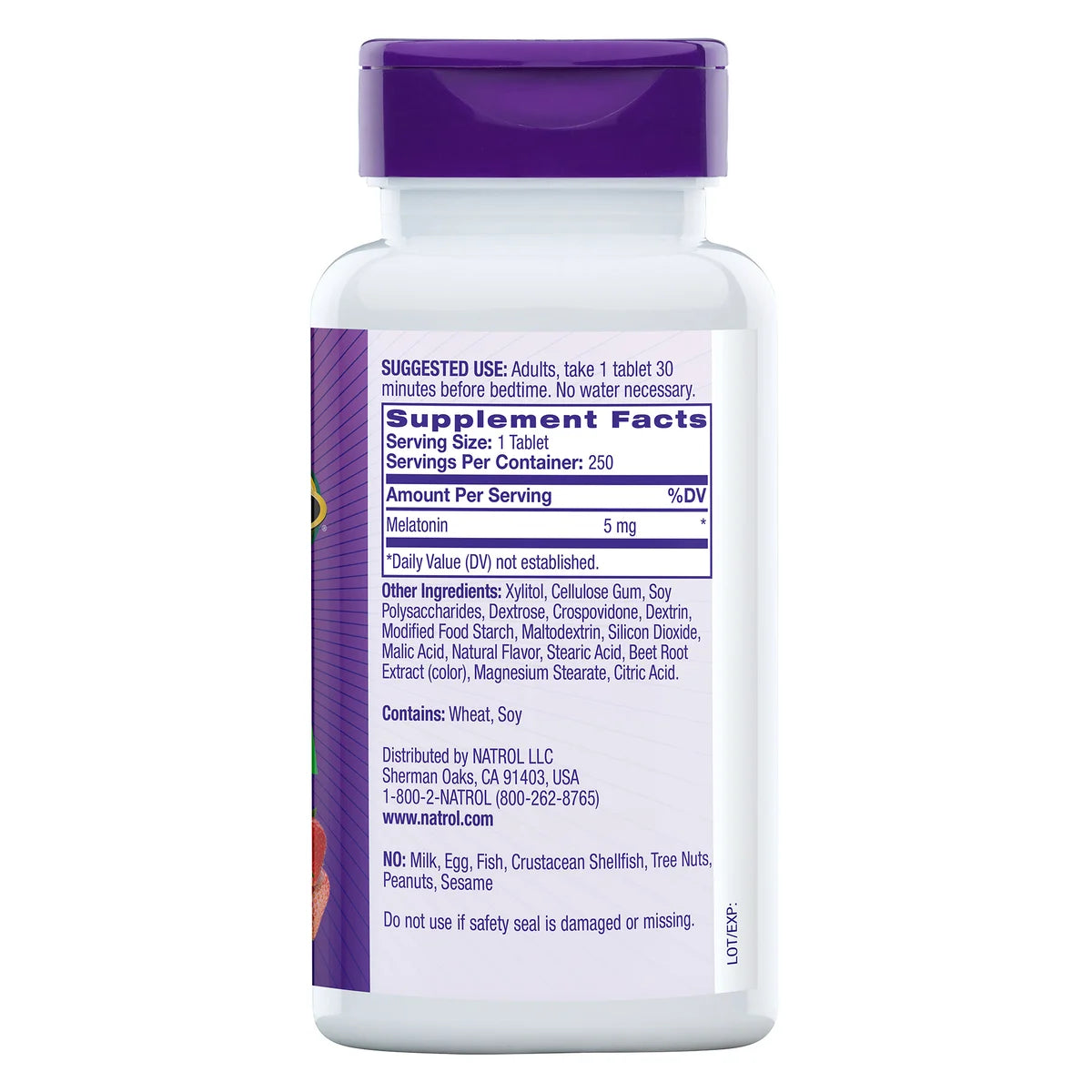 Frasco do suplemento Natrol Melatonina 5mg com 250 comprimidos de dissolução rápida sabor morango, ideal para auxiliar no sono e relaxamento.
