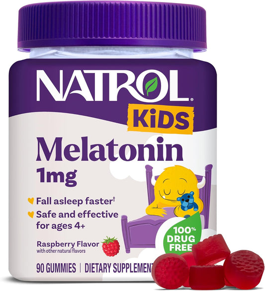 Frasco do suplemento Natrol Melatonina Infantil 1mg com 90 gomas sabor framboesa, indicado para melhorar o sono de crianças a partir de 4 anos.