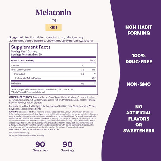 Frasco do suplemento Natrol Melatonina Infantil 1mg com 90 gomas sabor framboesa, indicado para melhorar o sono de crianças a partir de 4 anos.