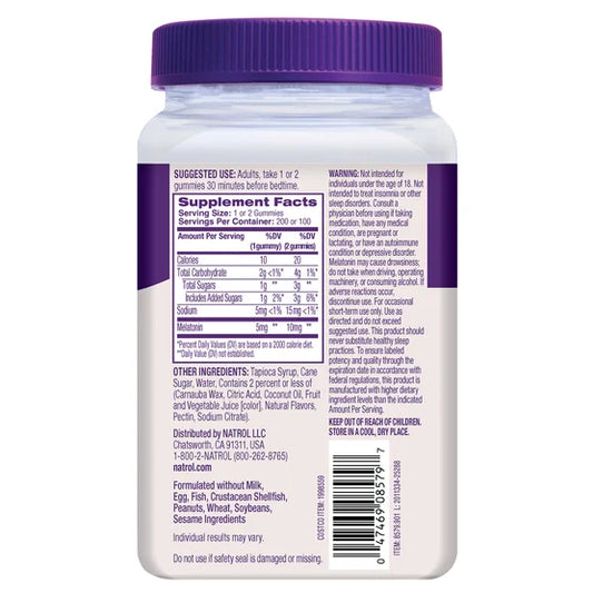 Detalhe da tabela nutricional da Melatonina Natrol 10mg