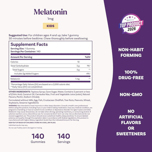 Tabela nutricional do suplemento infantil Natrol Kids Melatonina 1mg gomas sem gelatina.