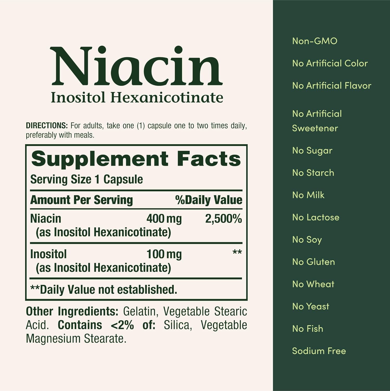 Informação nutricional do suplemento Niacina Flush Free 500 mg com 120 cápsulas da marca Nature's Bounty. Produto original fabricado nos Estados Unidos, ideal para saúde do coração e metabolismo energético.