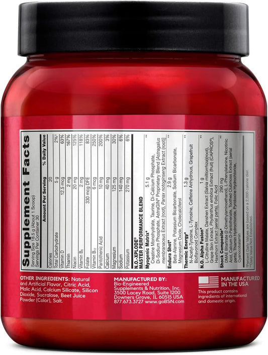 Informacao nutricional do pre-treino BSN NO-XPLODE destacando a quantidade de creatina e beta-alanina