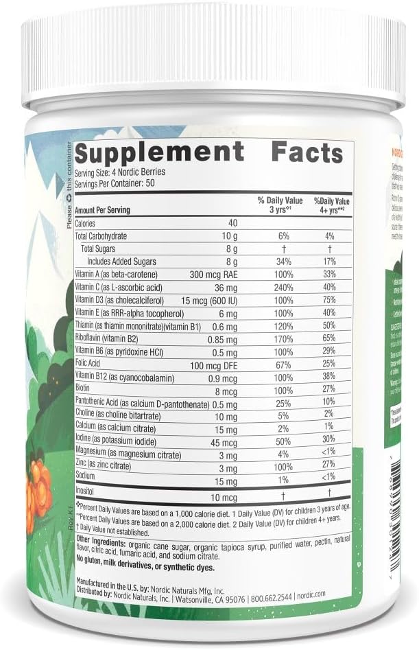 Tabela nutricional do Nordic Naturals Nordic Berries Multivitamínico Infantil em Gomas com vitaminas e minerais.