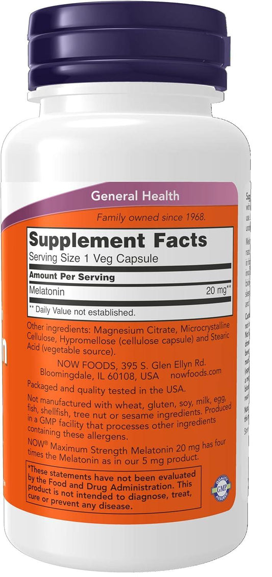 Informação nutricional do Frasco da NOW Foods, Melatonina de Força Máxima 20 mg 90 Capsulas - NutriVita