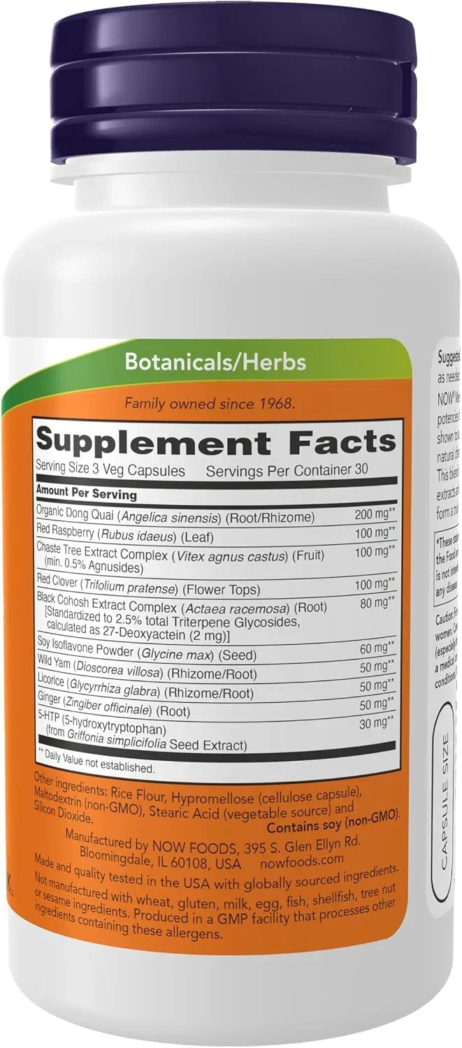 Tabela de composição do NOW Foods Menopause Support por porção de 3 cápsulas vegetais