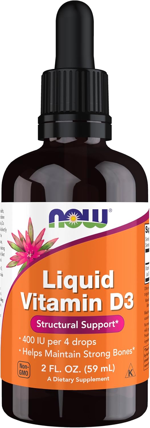 Frasco de NOW Foods Vitamina D3 Líquida 59 mL com 400 UI por 4 gotas