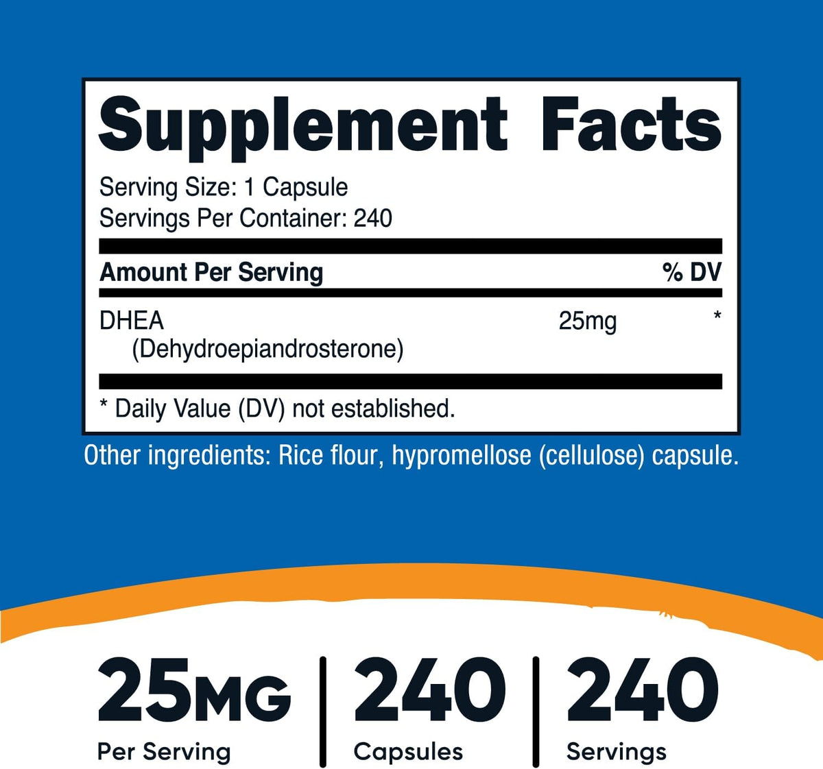 Tabela Nutricost DHEA: 25 mg por cápsula e 240 porções