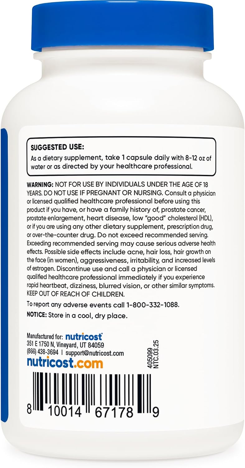 Verso do Nutricost DHEA 50 mg com modo de uso, advertências e UPC 810014671789