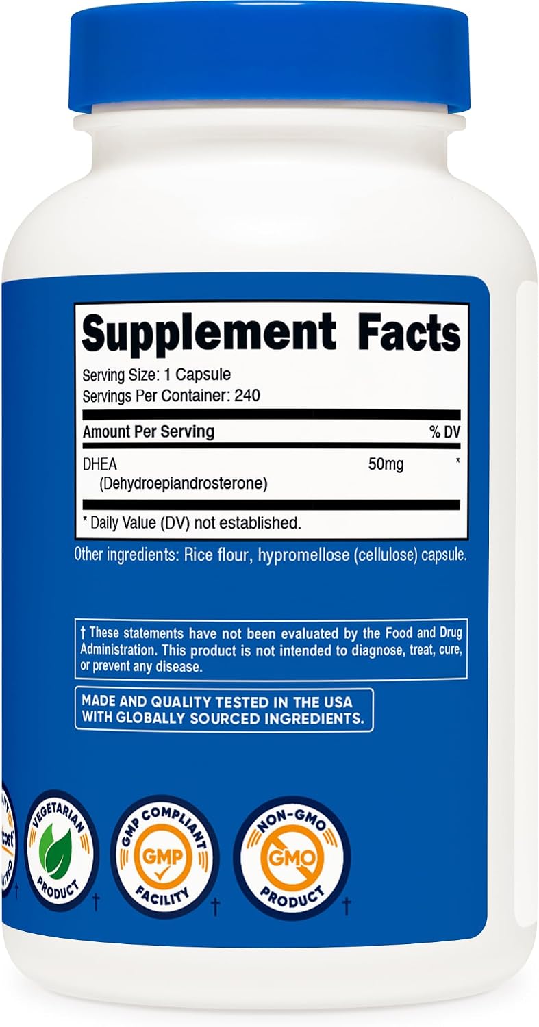 Nutricost DHEA 50 mg: composição e selos vegetariano, GMP e não transgênico