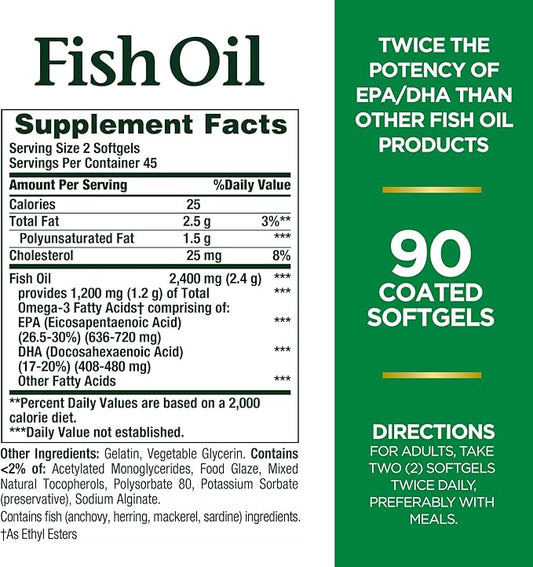 Tabela nutricional de suplemento de óleo de peixe com 90 cápsulas, ricos em EPA e DHA.
