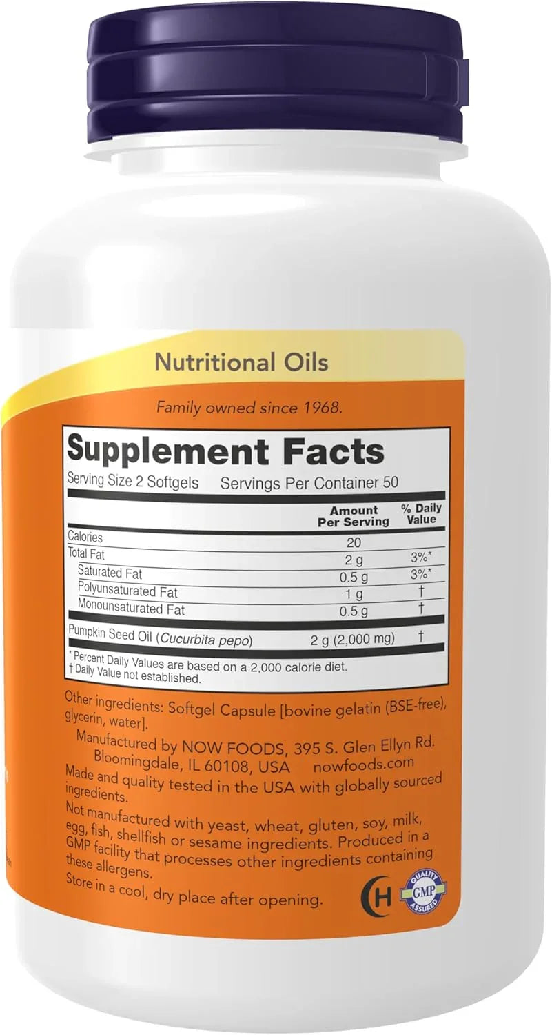 Informação nutricional do óleo de semente de abóbora NOW Foods com ácidos graxos essenciais e fitosteróis.