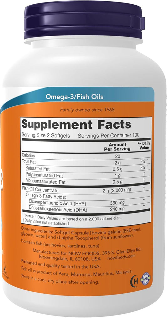 Frasco de suplemento ômega 3, rótulo laranja, informações nutricionais em destaque.